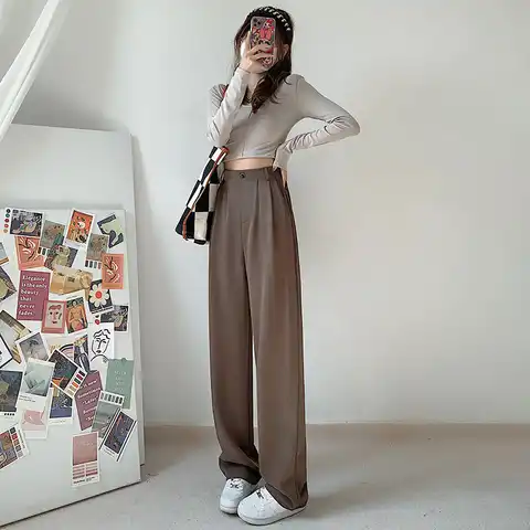 Элегантные женские классические брюки, корейская мода, уличная одежда y2k, женский летний костюм черно-розового цвета, широкие и свободные шт...