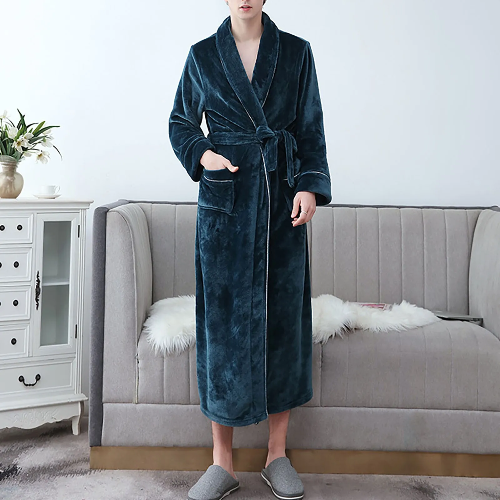 Мужской халат тонкий мягкий с длинными рукавами и капюшоном одежда для сна на