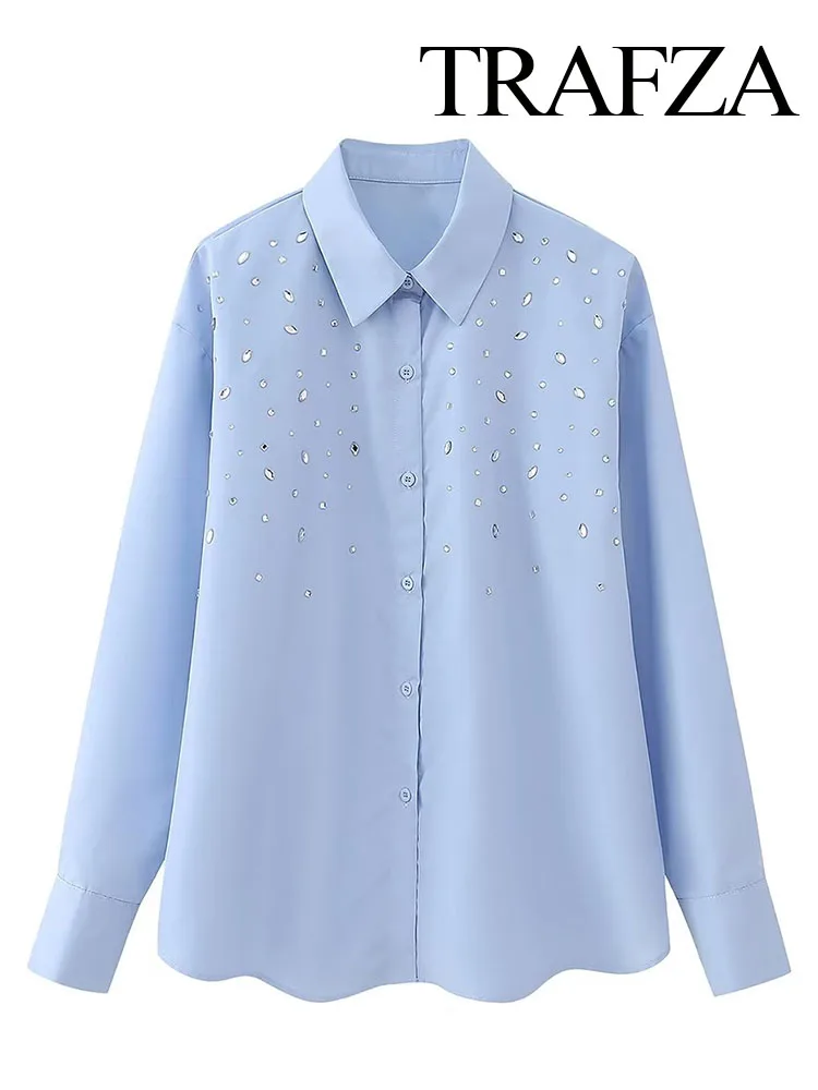 

Блузка Женская Осенняя однотонная на пуговицах с длинным рукавом и аппликацией со стразами