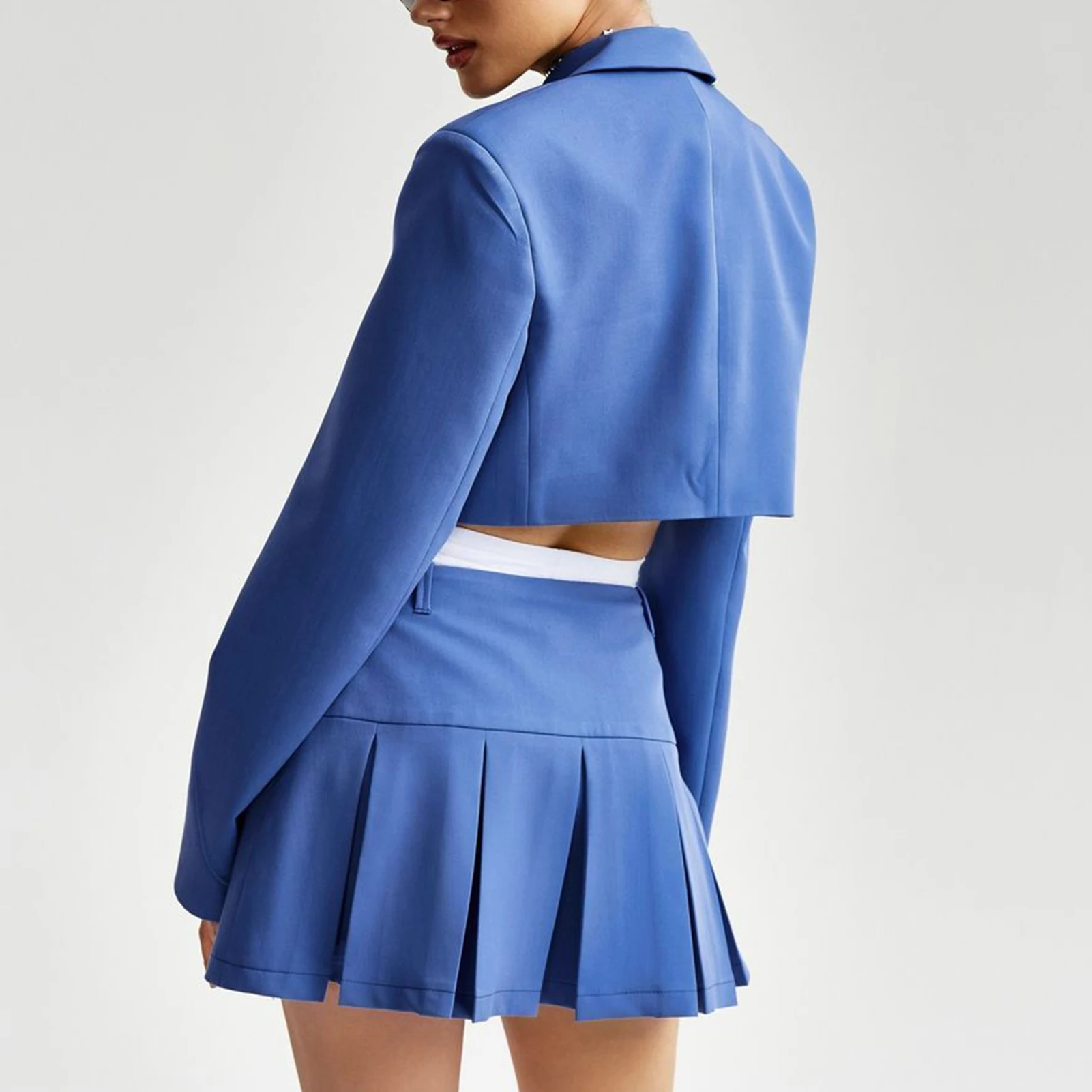 

Женский Повседневный укороченный Блейзер и юбка, элегантный Блейзер на пуговицах и плиссированная юбка, однотонный облегающий комплект для работы Y2K