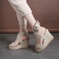new 34 43 yards wedge sandals womens european and american solid color linen high heeled womens sandals platform shoes