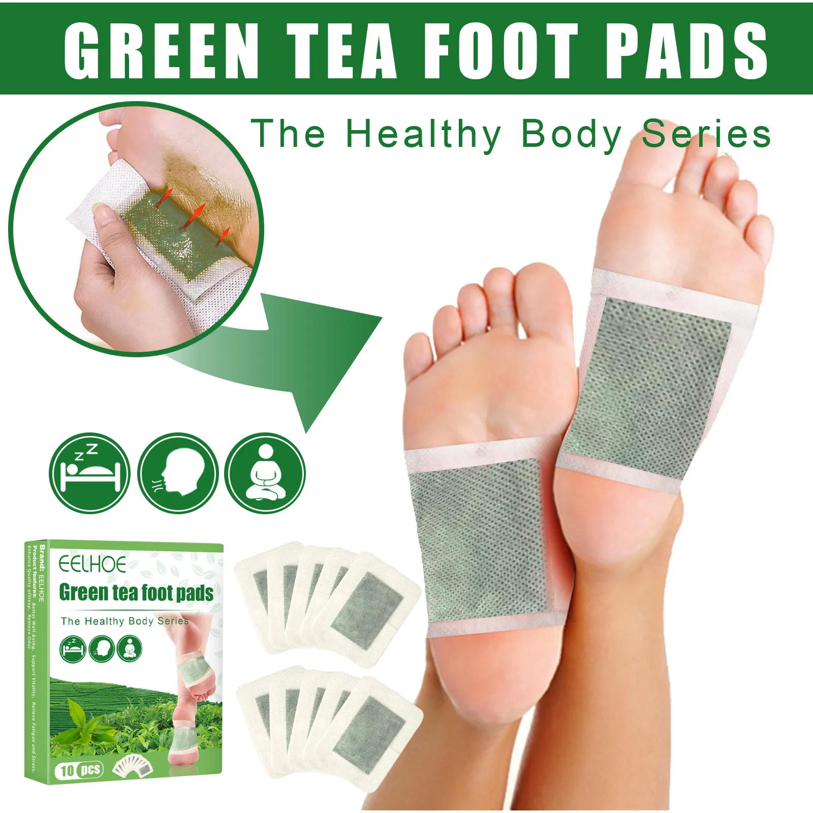 

10Pcs/Box Green Tea Foot Patch Improves Sleep Quality Relieves Body Stress Muscle Tension Fatigue Foot Care Patch