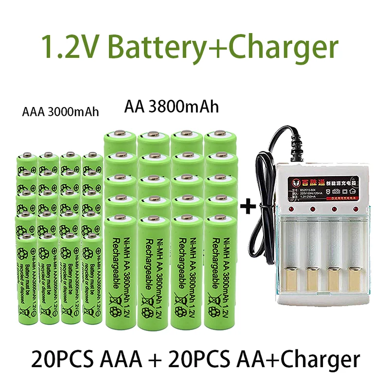 

100% Original 1.2V AA3800mAh+AAA3000mAh Rechargeable Battery NI-MH 1.2V Battery for Clocks Mice Computers Toys So on+Charger