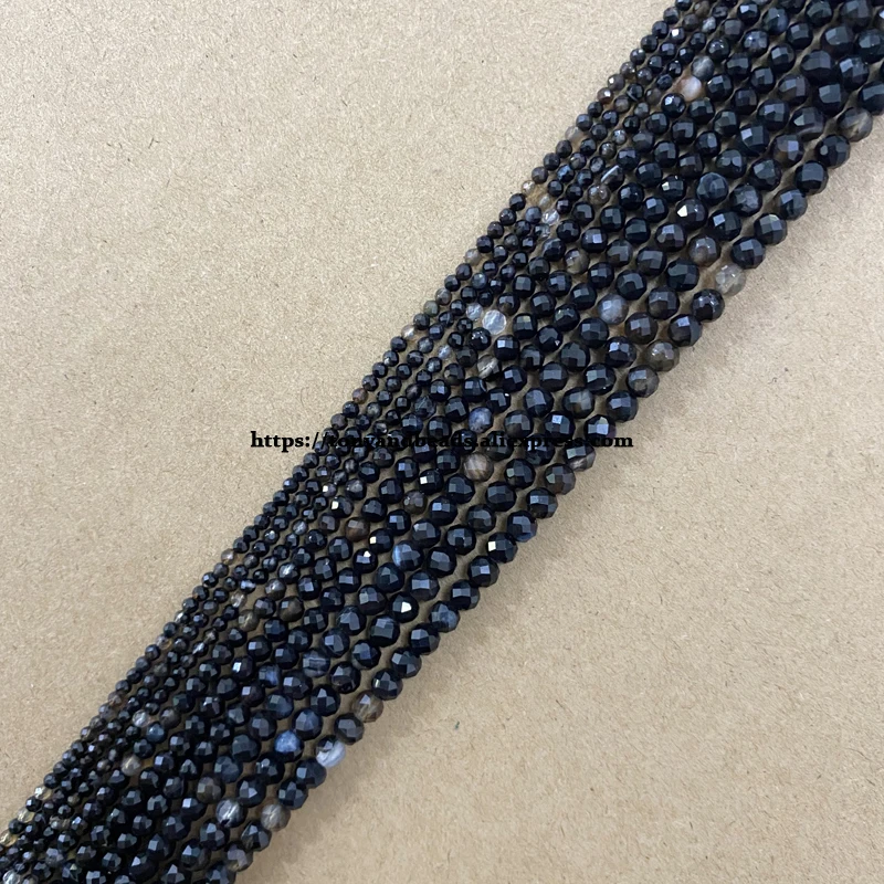

Small Diamond Cuts Faceted Black Agate Round Loose Beads 15" 2 3 4MM Pick Size For Jewelry Making DIY