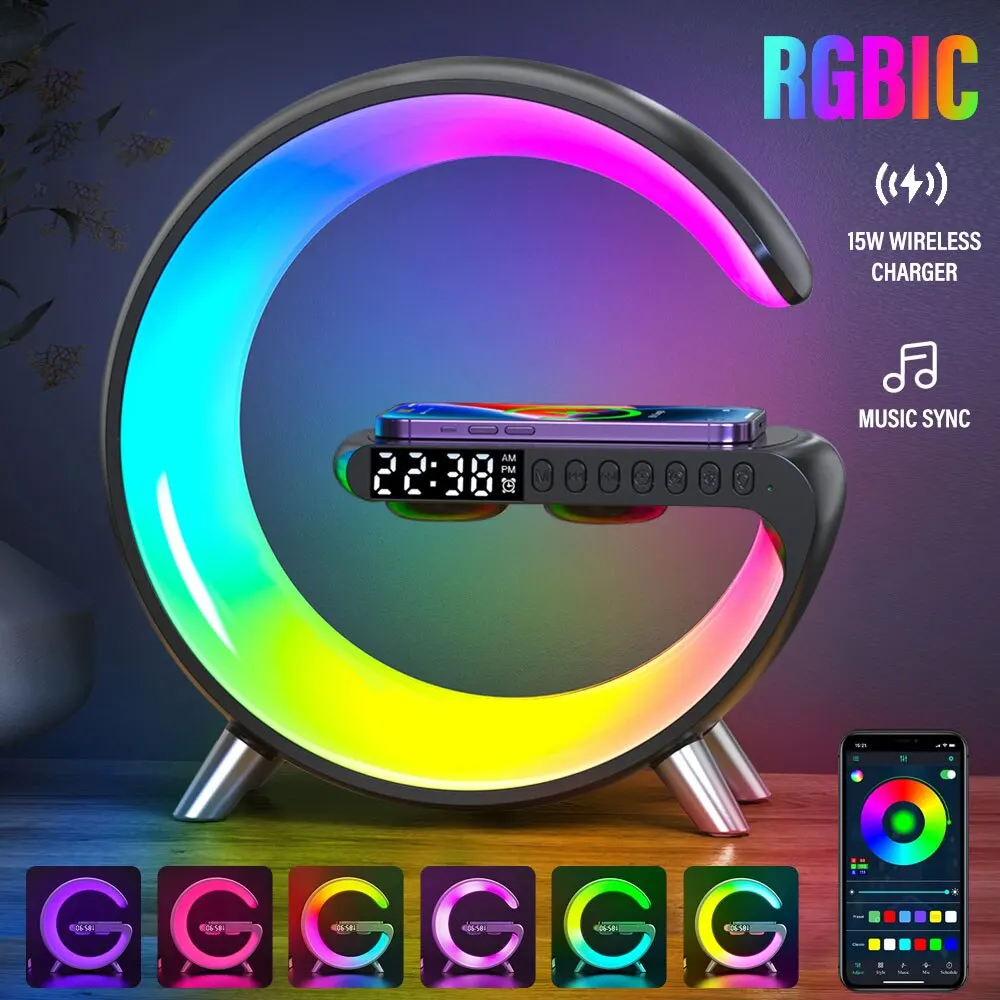LED Smart Wake Up Light RGB Night Light with Bluetooth Speaker 15W Wireless Charging Table Lamp for Bedroom Game Room