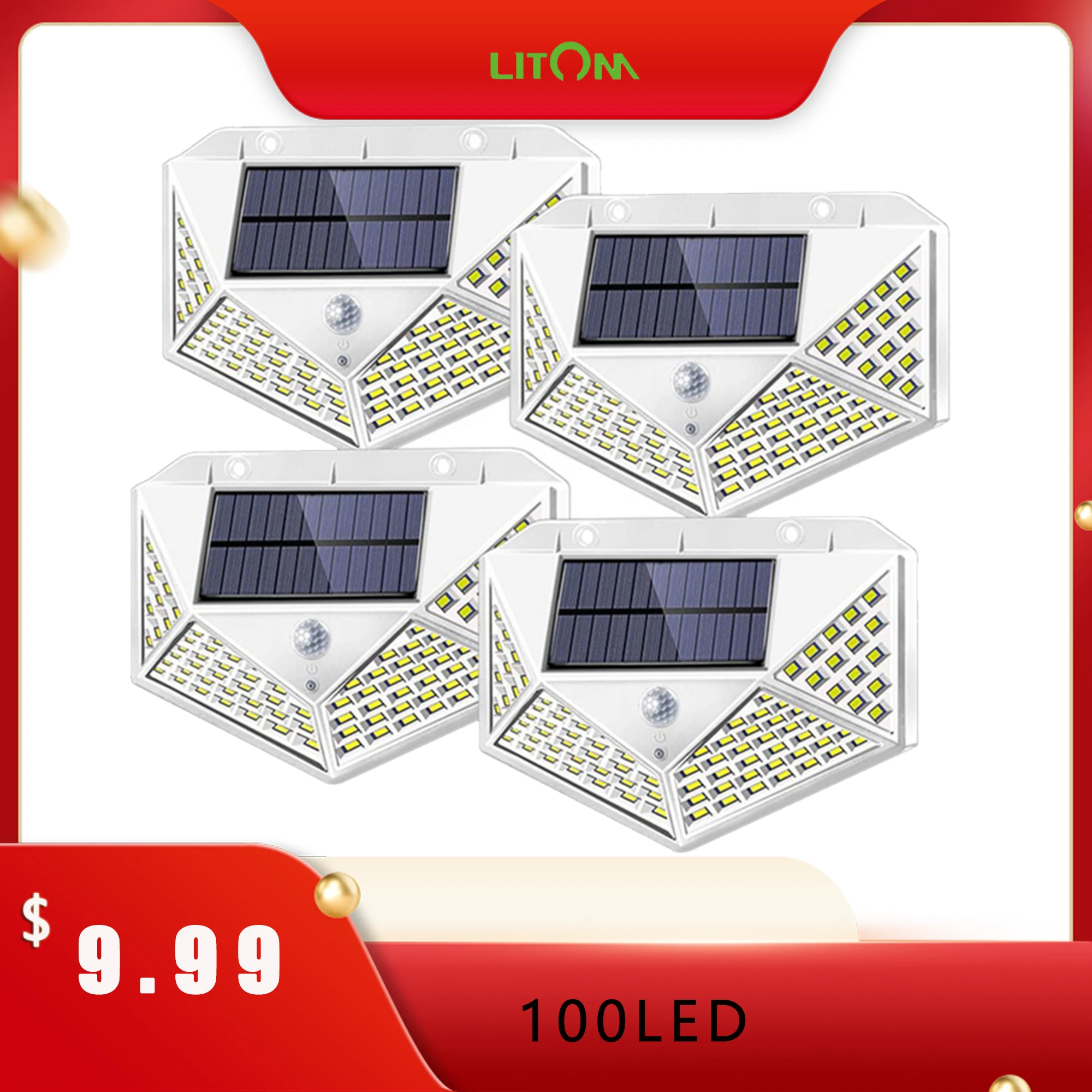 

LITOM 3Mode Waterproof 100 LED Solar Motion Sensor Lights Outdoor Sunlight Solar Powered Street Wall Lamp for Garden Decoration