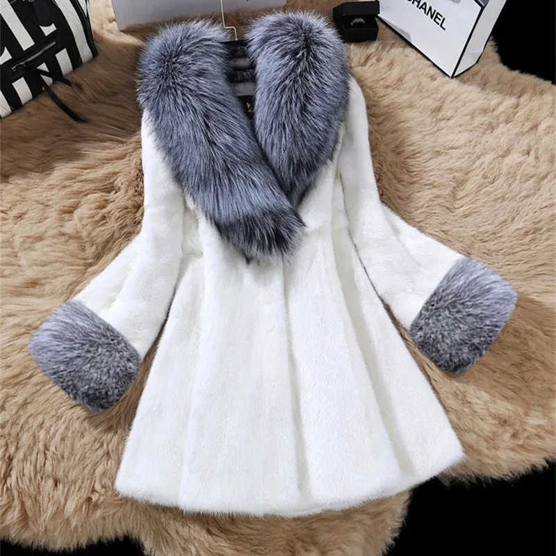 Woman Winter Fox Fur Collar Fur Coat 2021 New Mid-length Mink Fur Slim Fit Temperament Large Size Fur Fashion Coat Women Clothes