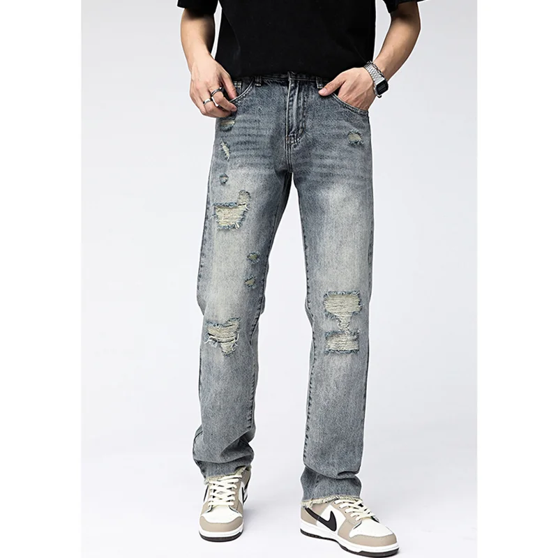 Streetwear Men Vintage Loose Blue Ripped Jeans 2022 Autumn and Winter New Style Pattern Fashion Straight Cylinder Trousers Women