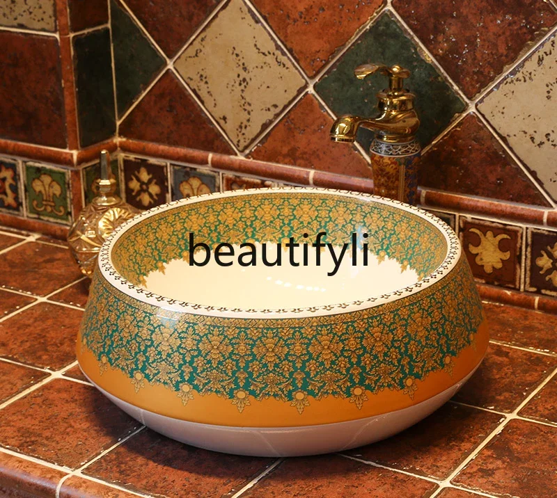 Европейская художественная настольная раковина круглая керамическая для ванной