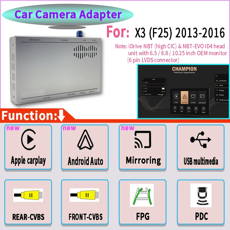 

Rear View Decoder Wireless Apple Carplay Used For BMW NBT 6Pin LVDS Connector X3 (F25) 2013-2016 Support IOS/Android Auto/Mirror