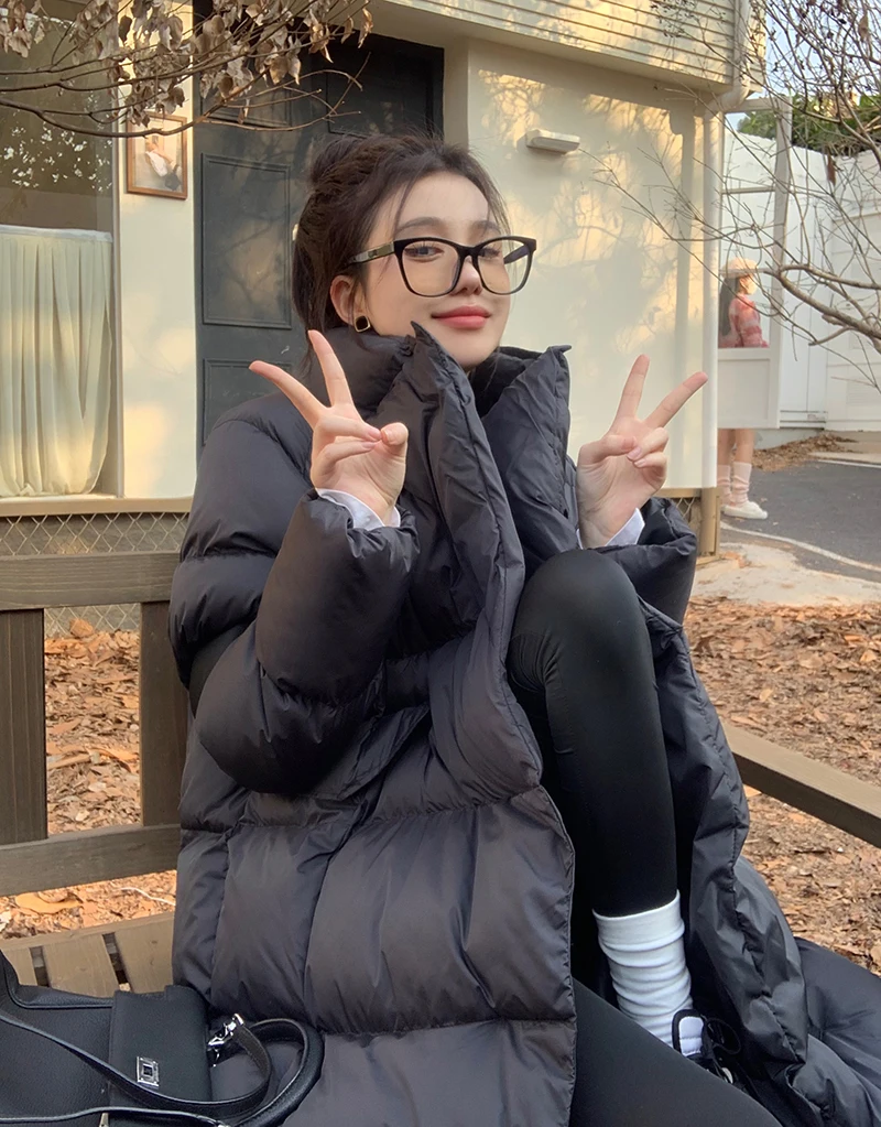 Black Korean Stand Collar Down Jacket Women's Winter 2022 New Knee Length Thickened Cotton Padded Jacket Sustans X-Long Spliced