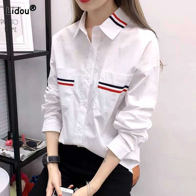 Long Sleeve Loose Turn-down Collar Spring Summer Business Casual Patchwork Pockets Solid Simplicity Blouses Women's Clothing