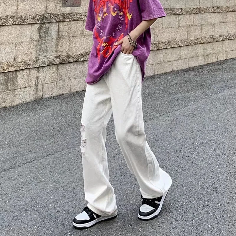 Summer White Hole Jeans Men Fashion Casual Baggy Straight Jeans Men Streetwear Loose Hip Hop Ripped Denim Pants Mens Trousers