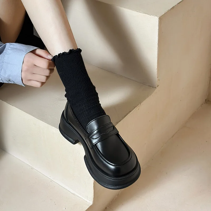 

Mary Jane Slip-on Shoe Women Leather Shoes British Style White Women's Loafers 5cm Mid Heel Round Toe Casual Platform Shoes 2023