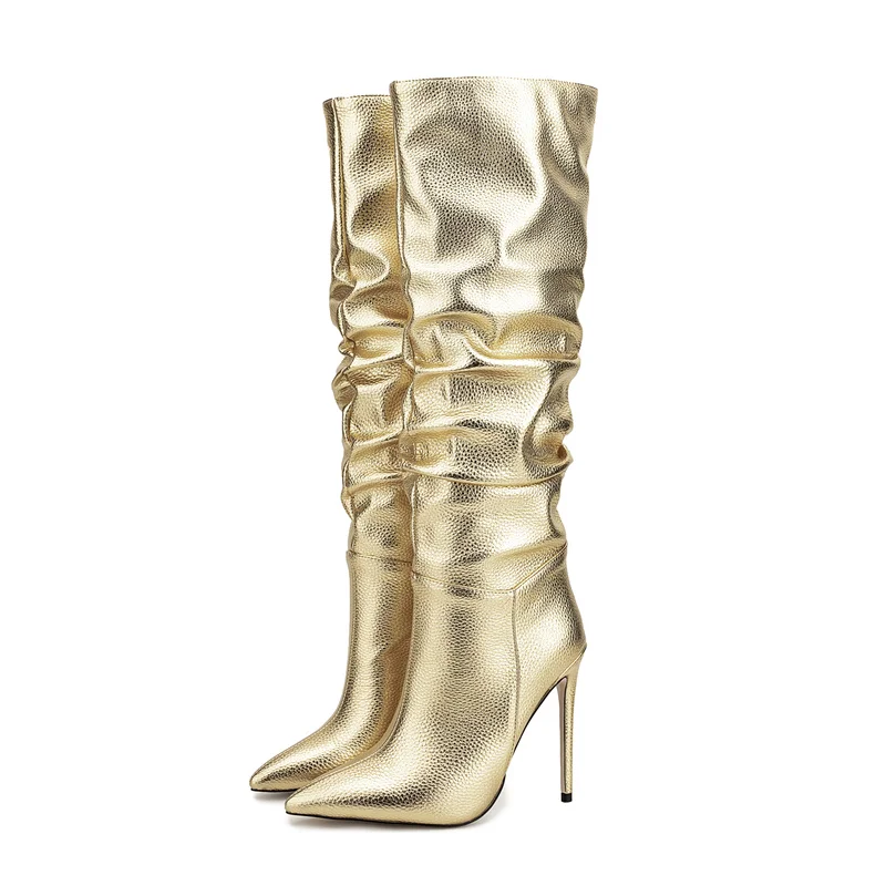 2023 European and American Style Silver High Heeled Women's Boots Thin Heeled Pointed Toe with Zipper Knee High Leather Boots