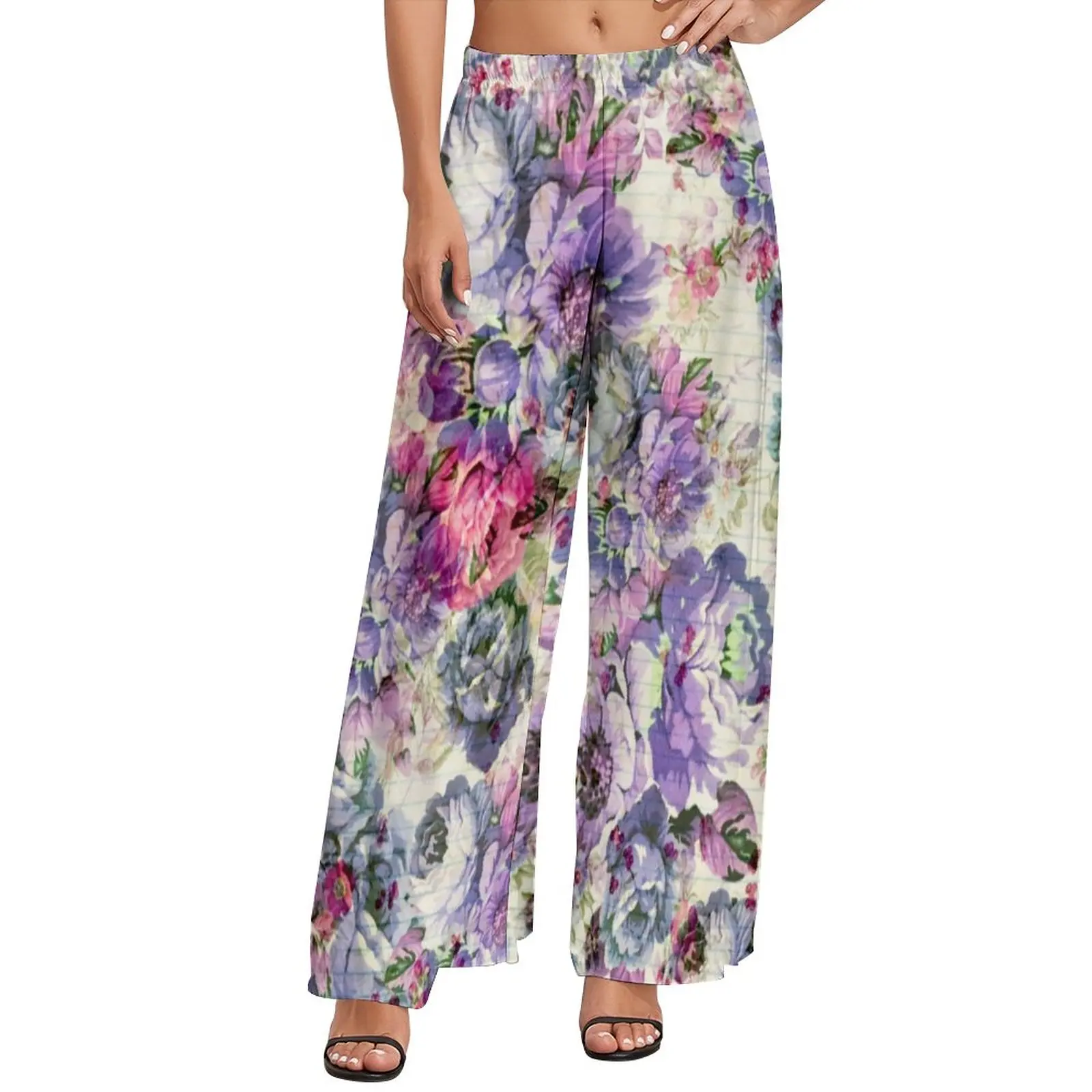 

Pink Favender Pants Vintage Bohemian Floral Aesthetic Straight Wide Leg Pants Elastic High Waist Workout Trousers Large Size