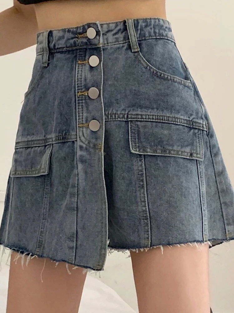 

LY VAREY LIN New Summer Denim Skirts Shorts Women Casual Single Breasted A-line Shorts Lady Vintage High Waist Mini Shorts