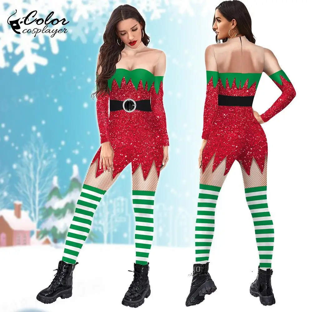 

Color Cosplayer Christmas Cosplay Costume Green White Stripes 3D Digital Printing Women Long Sleeve Sexy Elastic Zentai Bodysuit