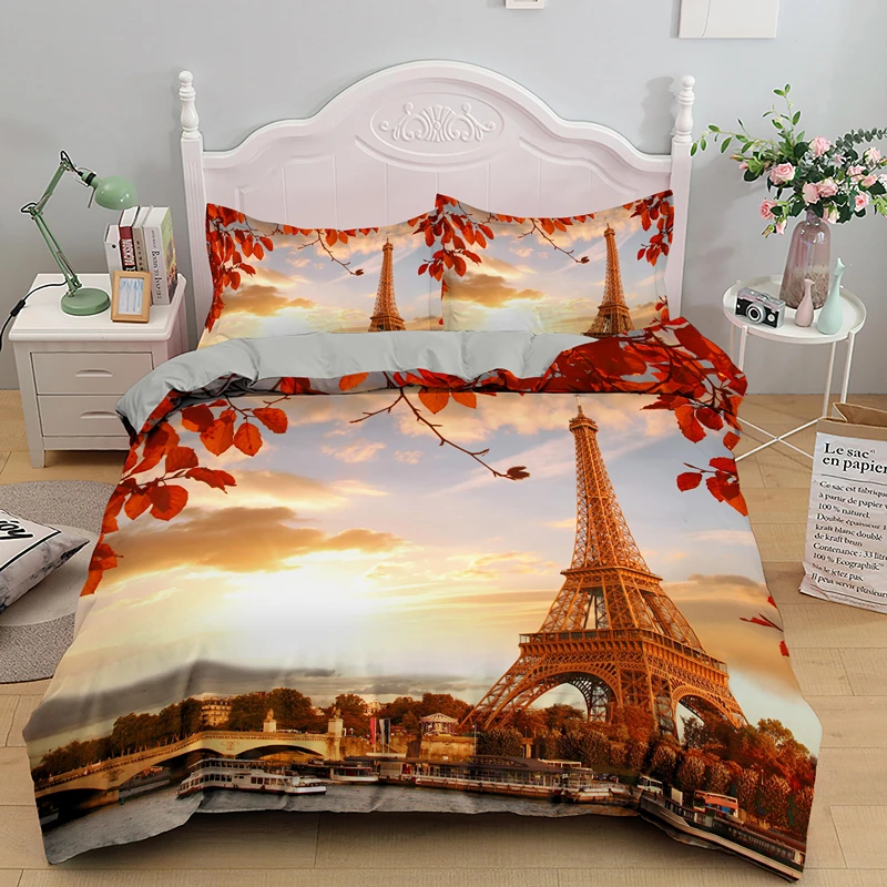 

Bedding Set Adults Romantic Scenery 2/3pcs Polyester Quilt Cover vEiffel Tower King Queen Duvet Cover Paris Famous Architecture