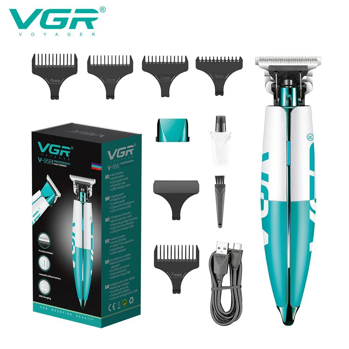 

VGR Professional Hair Trimmer Electric Cordless Hair Cutting Machine T Blade Rechargeable Barber 0mm Hair Trimmer for Men V-958