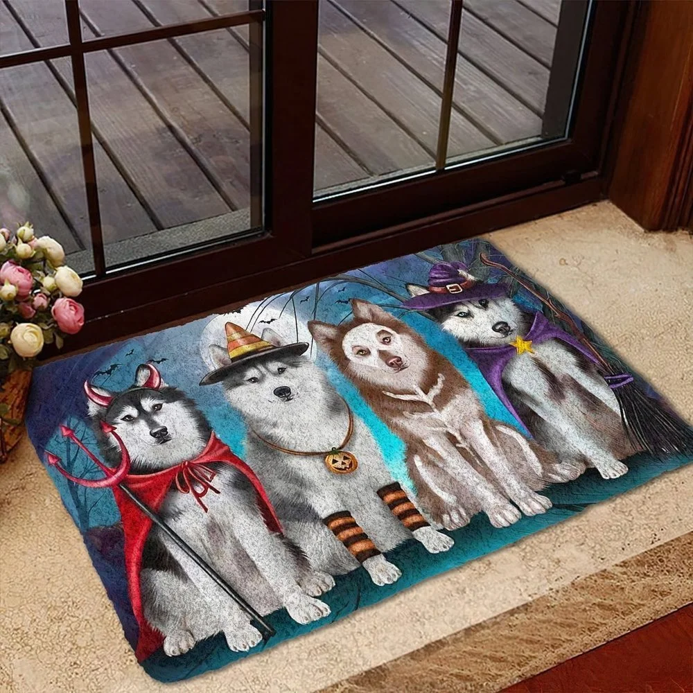 

Halloween Doormat Animals Dogs Husky House Doormat Decor Print Absorbent Mat Floor Door Mat Non-Slip Soft Flannel Carpet