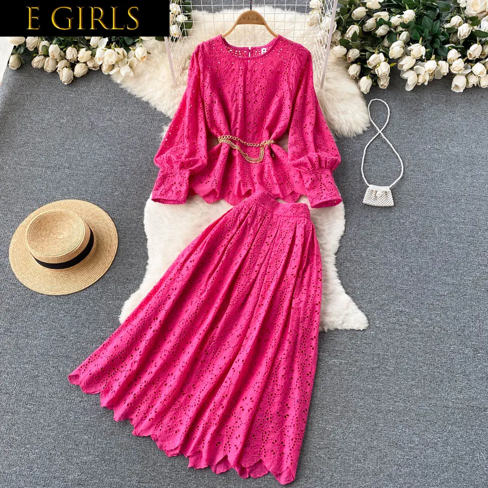 

E GIRLS French Style Gentle Retro Hollow-out Lace Suit Top Pleated Skirt