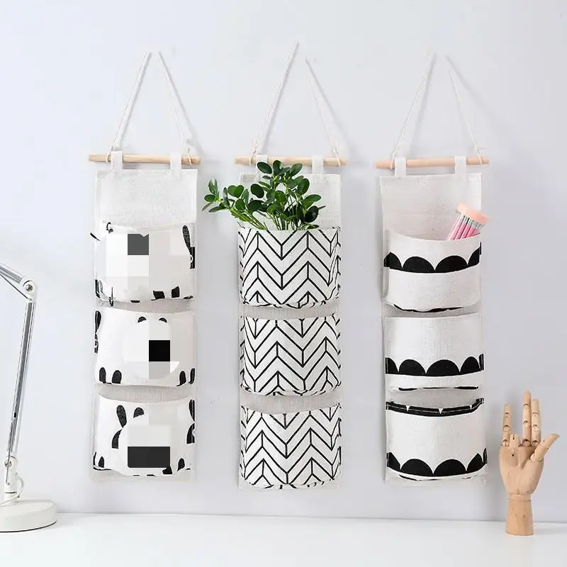 

Cotton Black White Pattern Cotton Linen Easter Rabbit Hanging Storage Bag 3 Pockets Wall Mounted Wardrobe Hang Bag