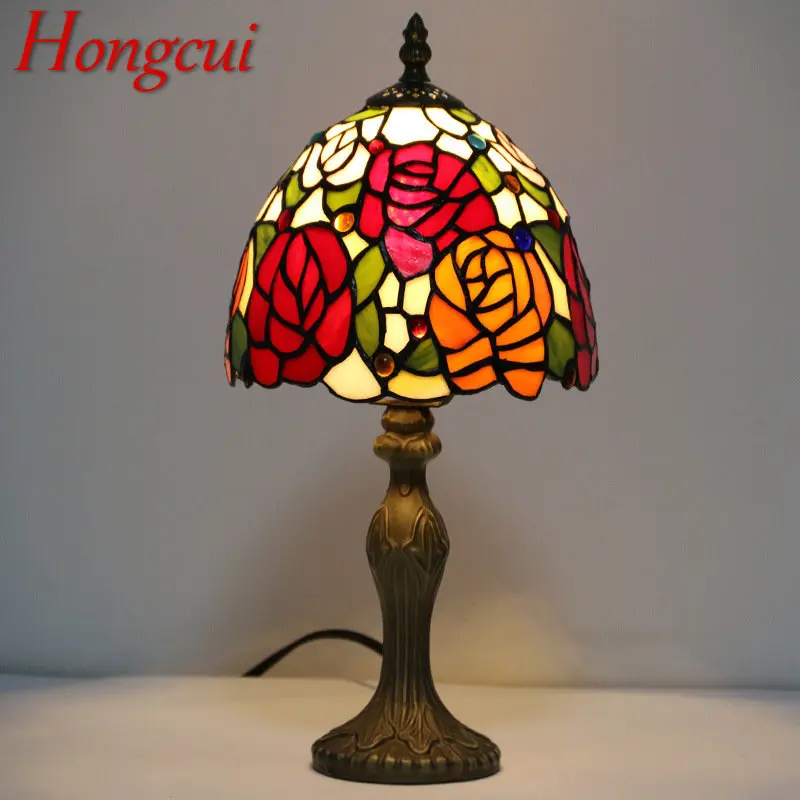 

Hongcui Tiffany Glass Table Lamp LED European Vintage Creative Rose Desk Light For Home Living Room Study Bedside Decor