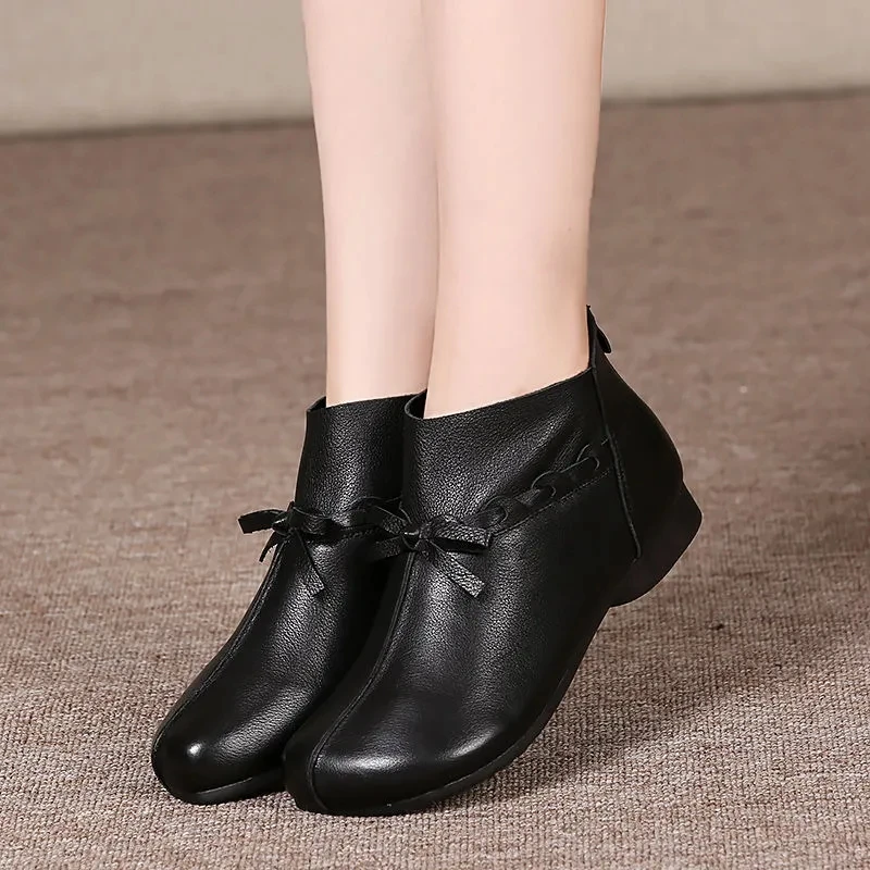 High quality Leather Boots Winter Woman 2023 Wedge Booties Fashion Butterfly-knot Retro Shoes Ladies Zip Platform Boot Female