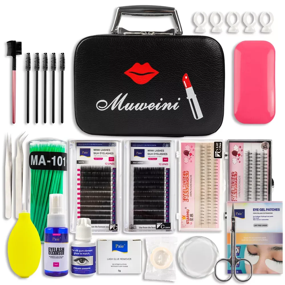 

NEW2022 False Eyelashes Extension Set Practice Eye Pads Tweezers Glue Ring Brush Kits with Bag For Eye Lash Graft