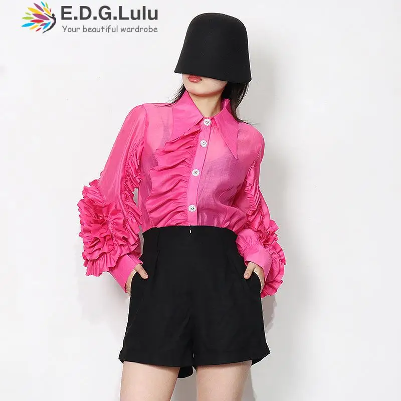 

EDGLuLu Fashion Turn-down Collar Single-breasted Design Ruffled Yellow Green Orange Black Dress Blusas Mujer De Moda 2022 0223