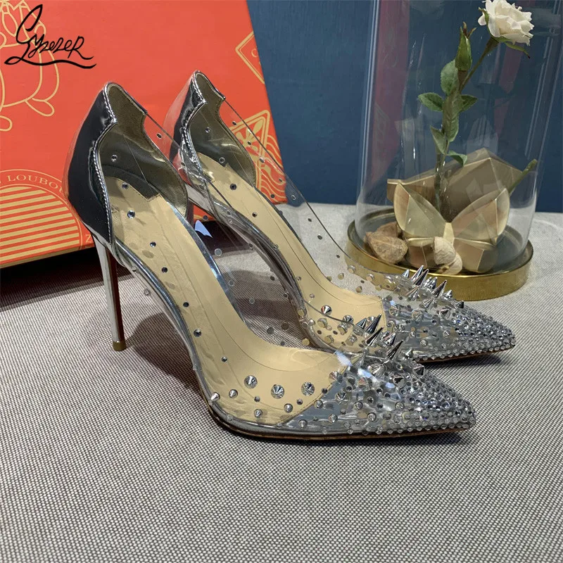 

Yuerui New Transparent Gold High Heels Women's Stiletto Pointed Shallow Mouth Rivet Rhinestone Crystal Shoes Wedding Party Shoes