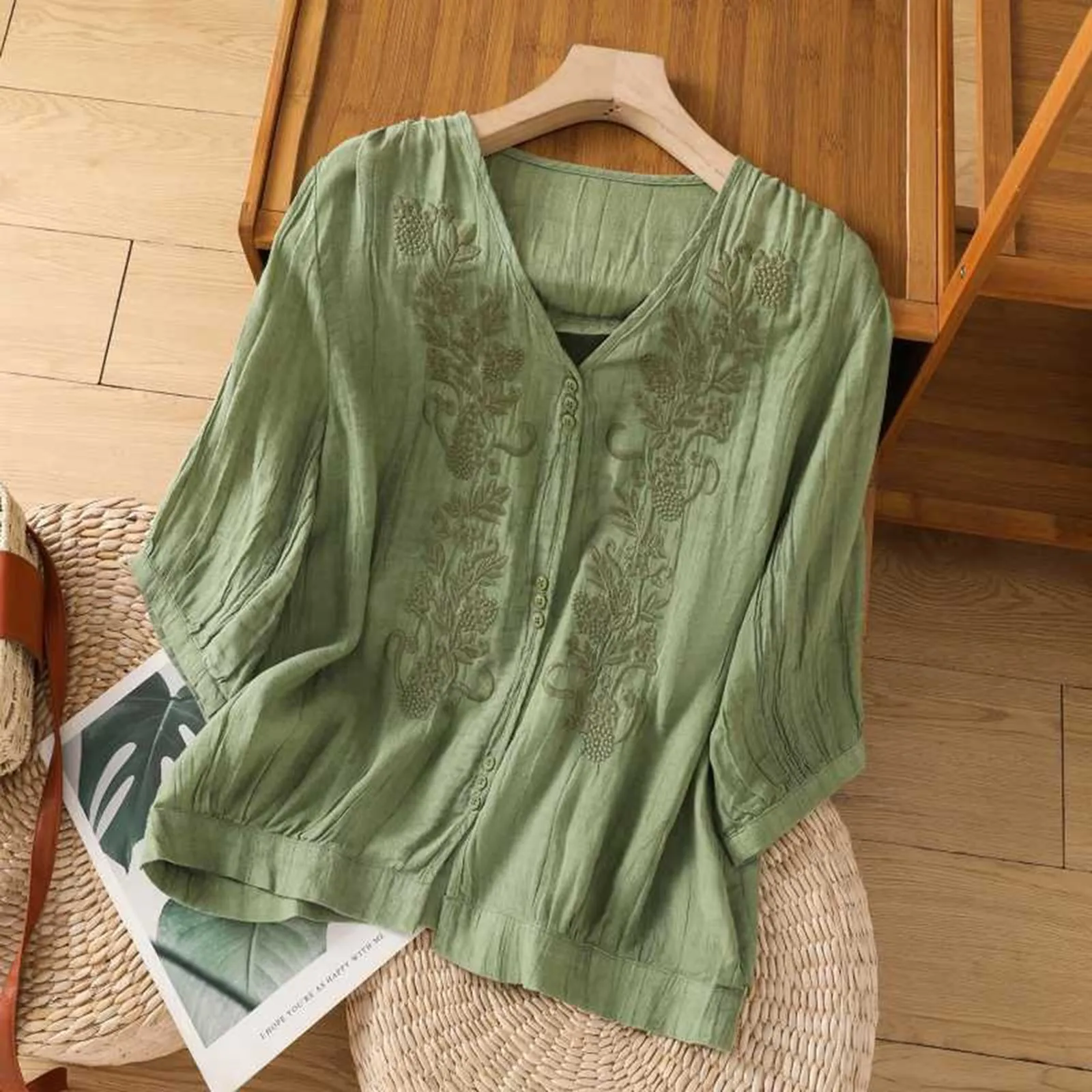 Женская свободная фланелевая рубашка из хлопка и льна с V-образным вырезом