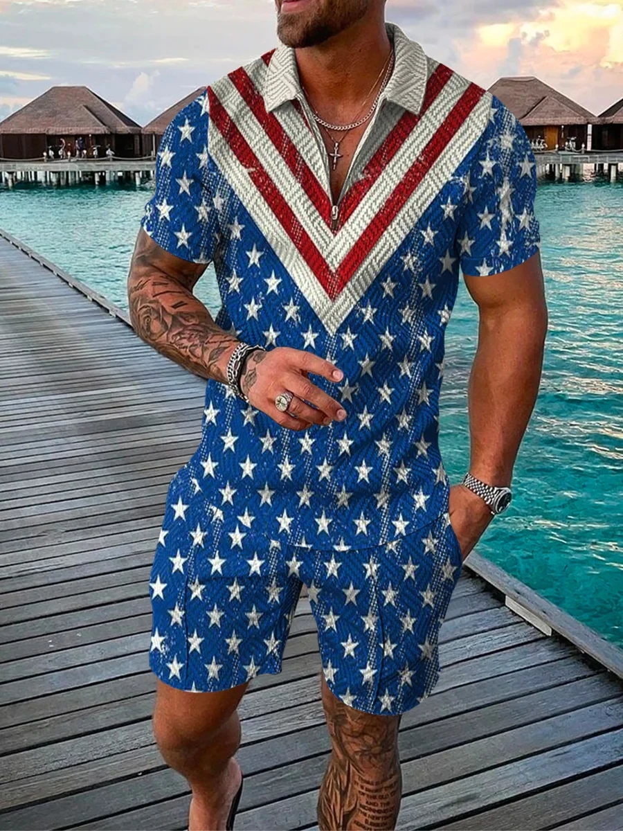 Luxury Summer Men's Polo Set Retro US Flag 3D Printed Sportswear Casual Fashion Men's Oversized Polo T-shirts shorts Suit