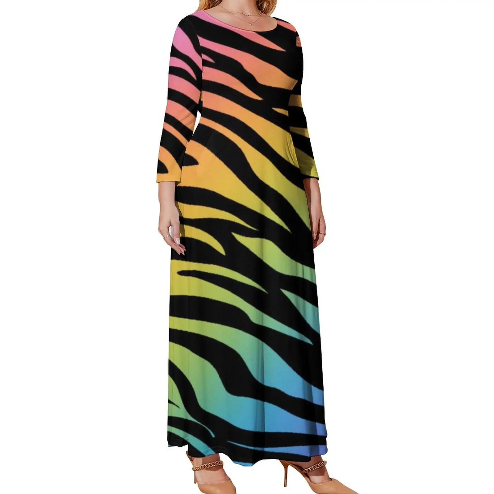 Zebra Stripes Rainbow Dress Animal Gradient Print Street Fashion Boho Beach Dresses Women Kawaii Maxi Dress Plus Size Vestidos