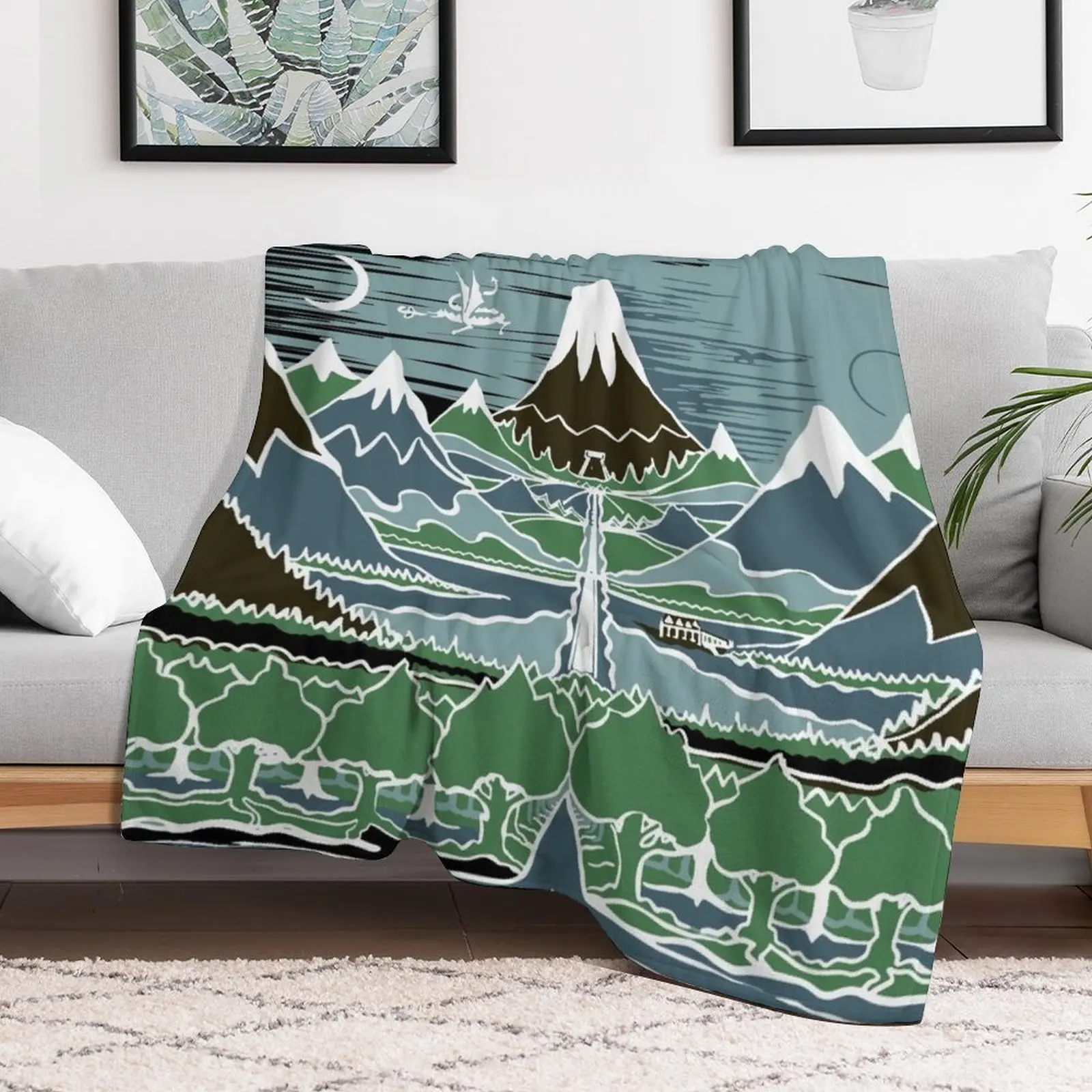 Путешествие Halflings по горной тропе через эльфийское дерево в стиле J.R.R.Tolkien Throw Blanket