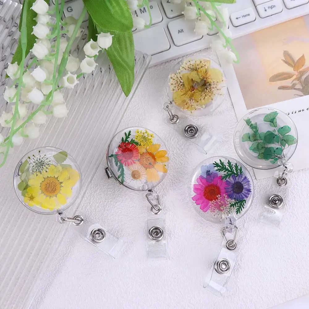 

Transparent Resin Work Badge Charm Pressed Floral Retractable Badge Reel ID Lanyard Reels Keyring Card Badge Holder