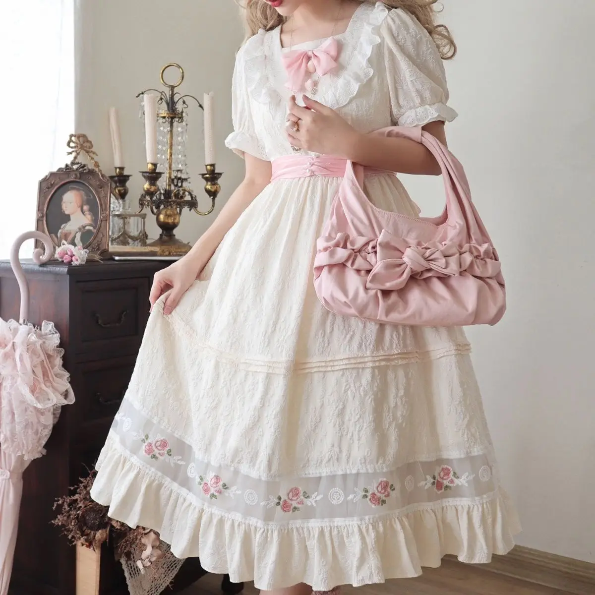 

[Small Rose] Elegant Mid-Length Original Design Lolita Dress Pastoral Style Op Short Sleeve Dress