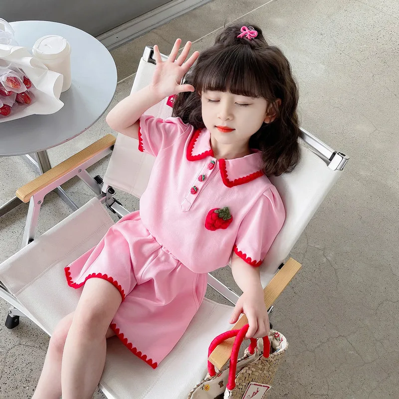 

New Summer Baby Girls Clothes Set Short Sleeve T-Shirt+Shorts 2Pcs Kids Princess Cute Strawberry School Clothing Set