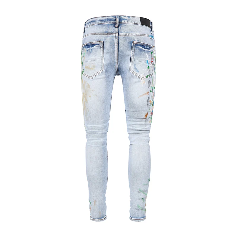High Street Fashion Men Jeans Retro Light Blue Elastic Stretch Skinny Fit Ripped Jeans Men Painted Designer Hip Hop Brand Pants