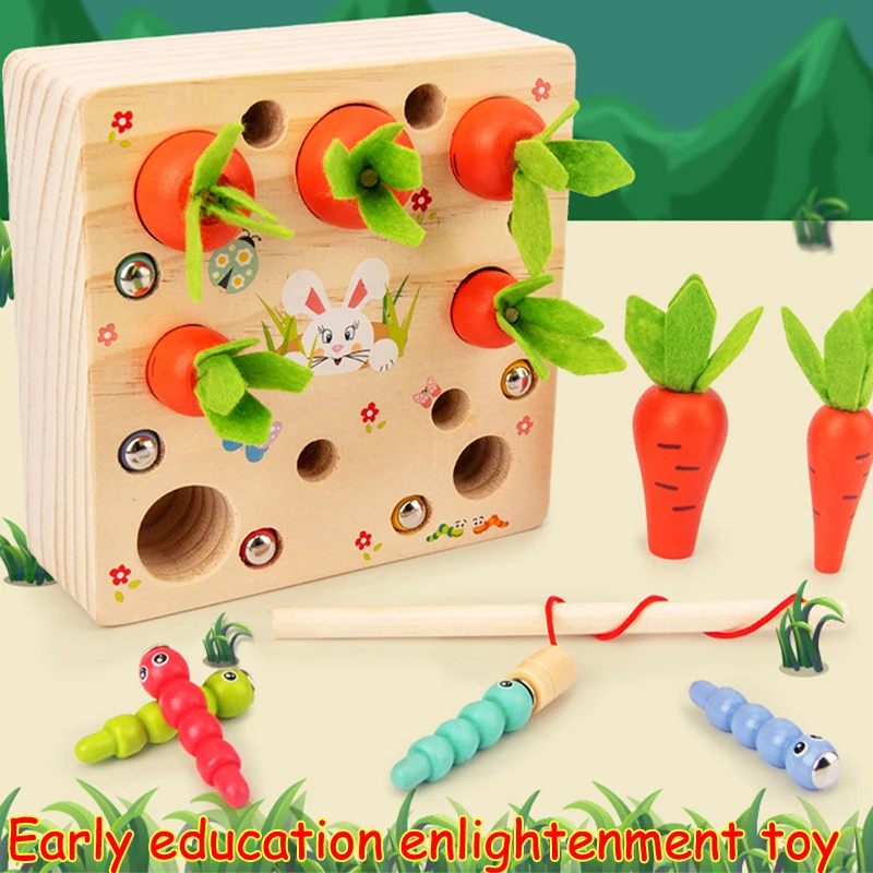 

Wooden Magnetic Fishing Pull Radish Catch Insect Game Children Splice Blocks Early Education Enlightenment Farm Toy
