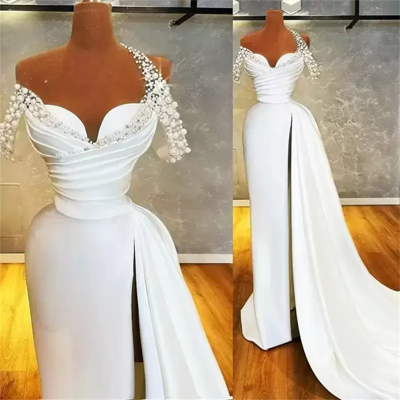 

Elegant Arabic Sexy Pearls Plus Size Prom Dress Evening Gowns Spaghetti High Side Split Satin Sweetheart Sweep Train Formal