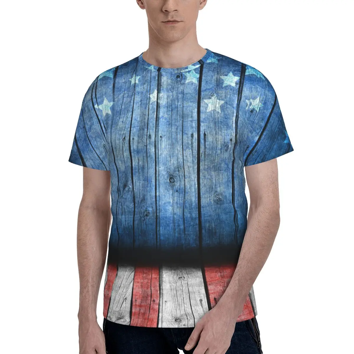

USA Flag Wooden Table Fashion T-shirt Men 2021 Summer Crew Neck Men's Tshirt Tee Shirts