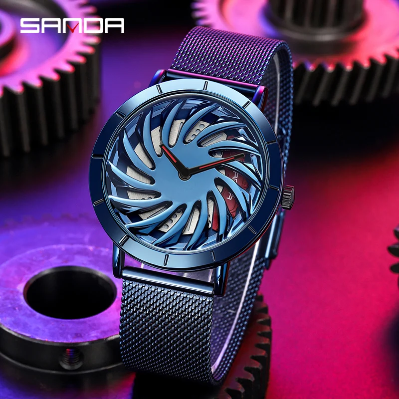 

SANDA P1056 2023 New Unique Real 3D Model Spinning Car Wheel Hub Watch Luxury Luminous Move Waterproof Super Rim Watches For Men