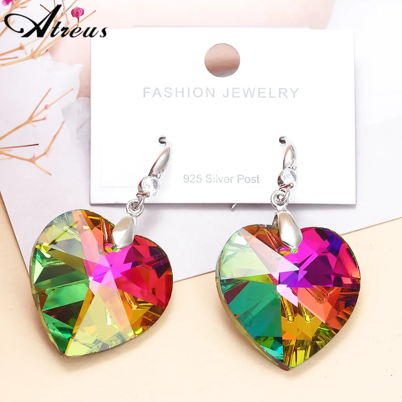 

Rainbow Colorful Heart Crystal Drop Earrings For Women Wedding Party Jewelry Silver Plated Dangle Earrings Valentine's Day Gift