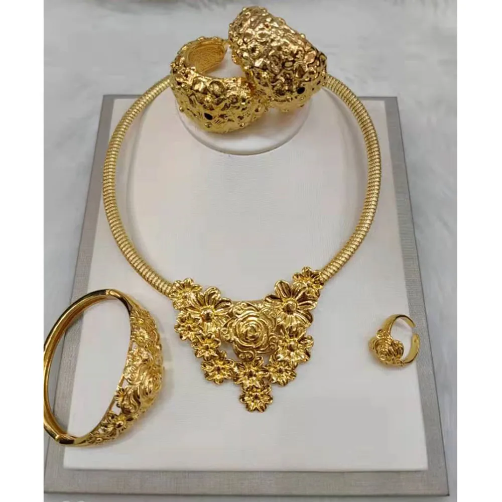 

Dubai Gold Jewelry Set Hoop Earrings Necklace and Bracelet Ring Luxury African 4PCS Set for Weddings Bride Anniversary Gifts