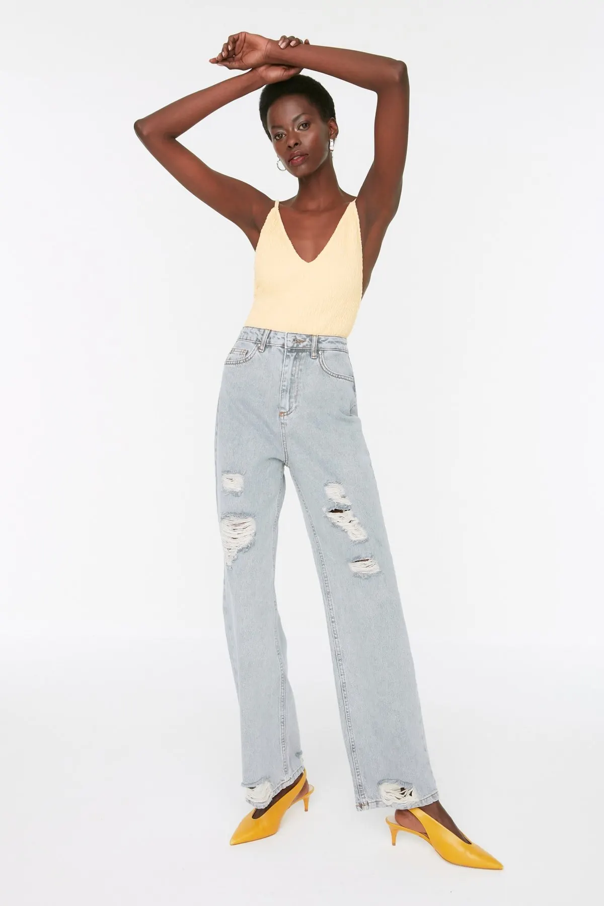 

Women's Jean Gray Ripped Detailed High Waist Wide Leg Straight Pant Jeans Buttons Zipper Ladies