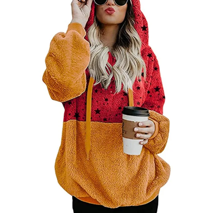 

2022 autumn and winter new stitching printed plush hooded women's sweater