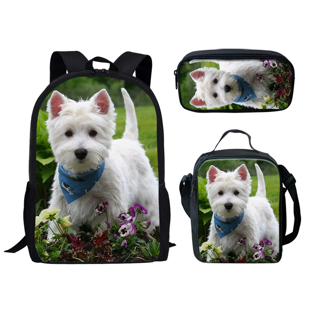 

West highland white terrier 3d printed kids backpack printing school bag set for teenager kids girls schoolbag