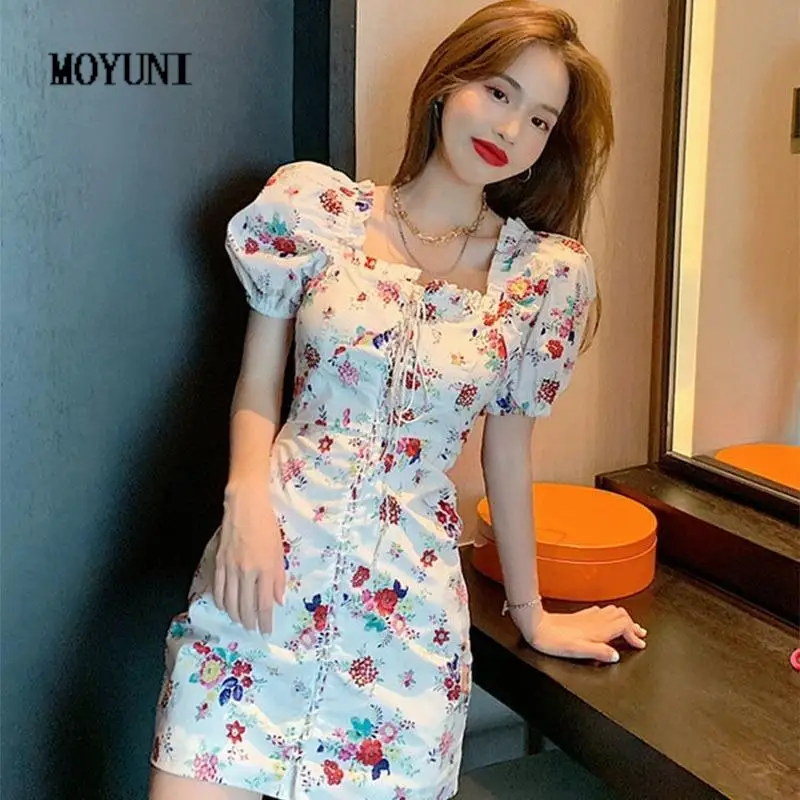 

Summer Hip Square Neck Puff Sleeve Floral Dress Short Sexy Elegant Print Bandage Waist Bodycon Vestidos Mujer Korean Chic Beach